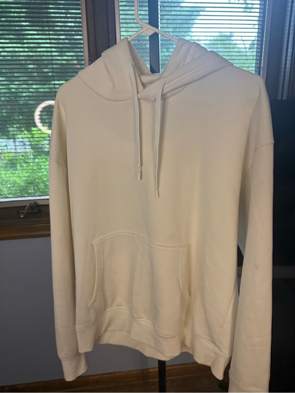 Denim & Flower Cream Hoodie with Navy Stripe Trim
